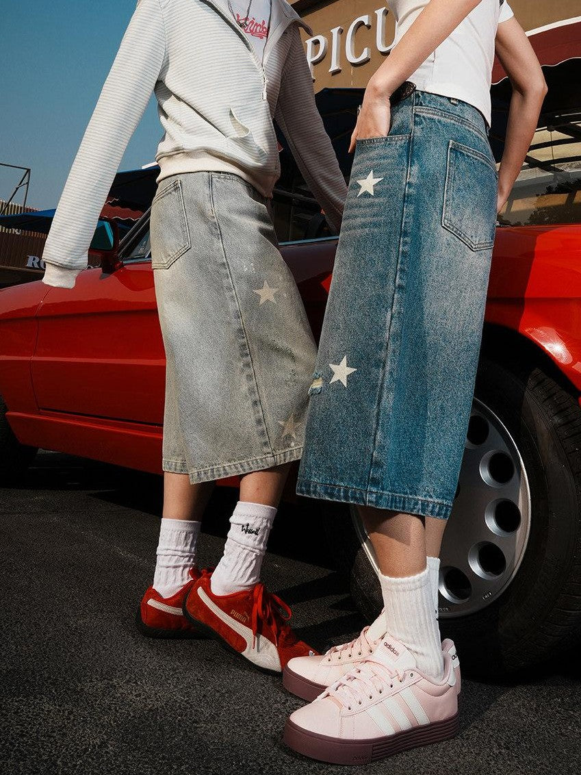 lemanism Star Print Seven Point Cropped Casual Couple Men's Denim Loose Jeans