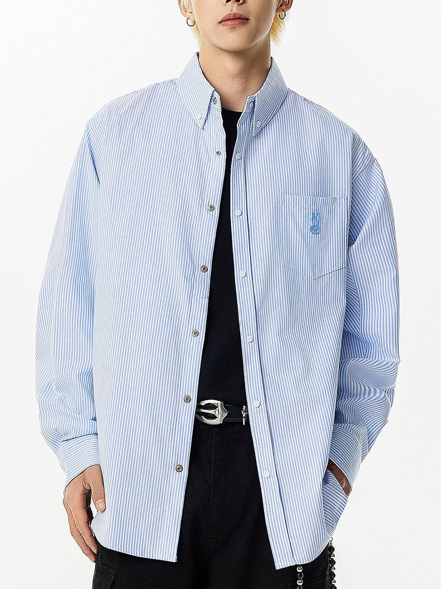 RickyisClown Pink Swirl Rabbit Embroidery Long Sleeve Chinese Street Men's Striped Shirts
