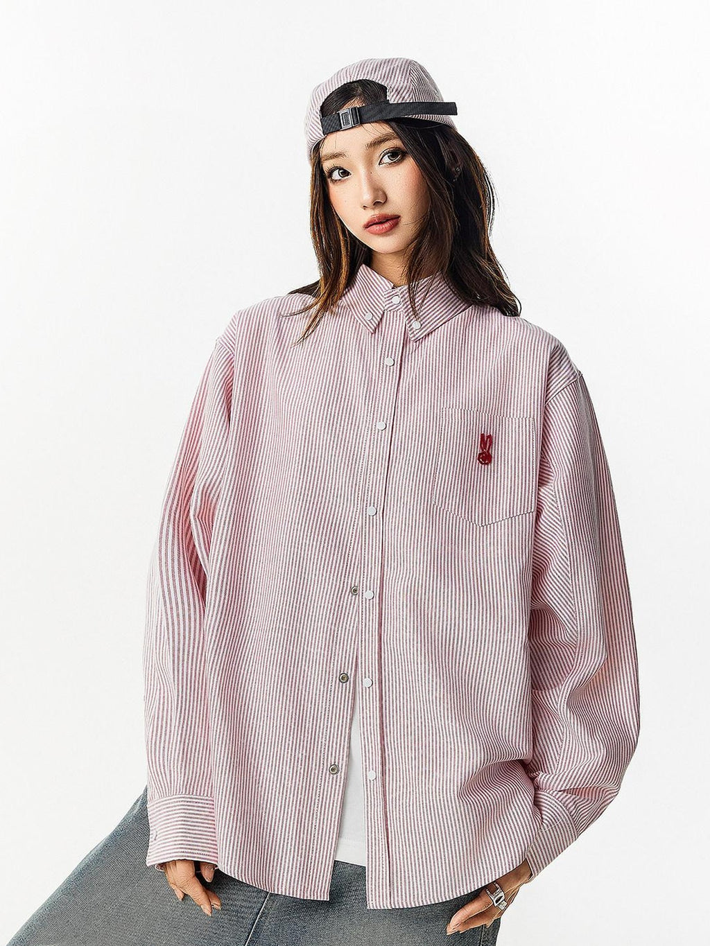 RickyisClown Pink Swirl Rabbit Embroidery Long Sleeve Chinese Street Men's Striped Shirts
