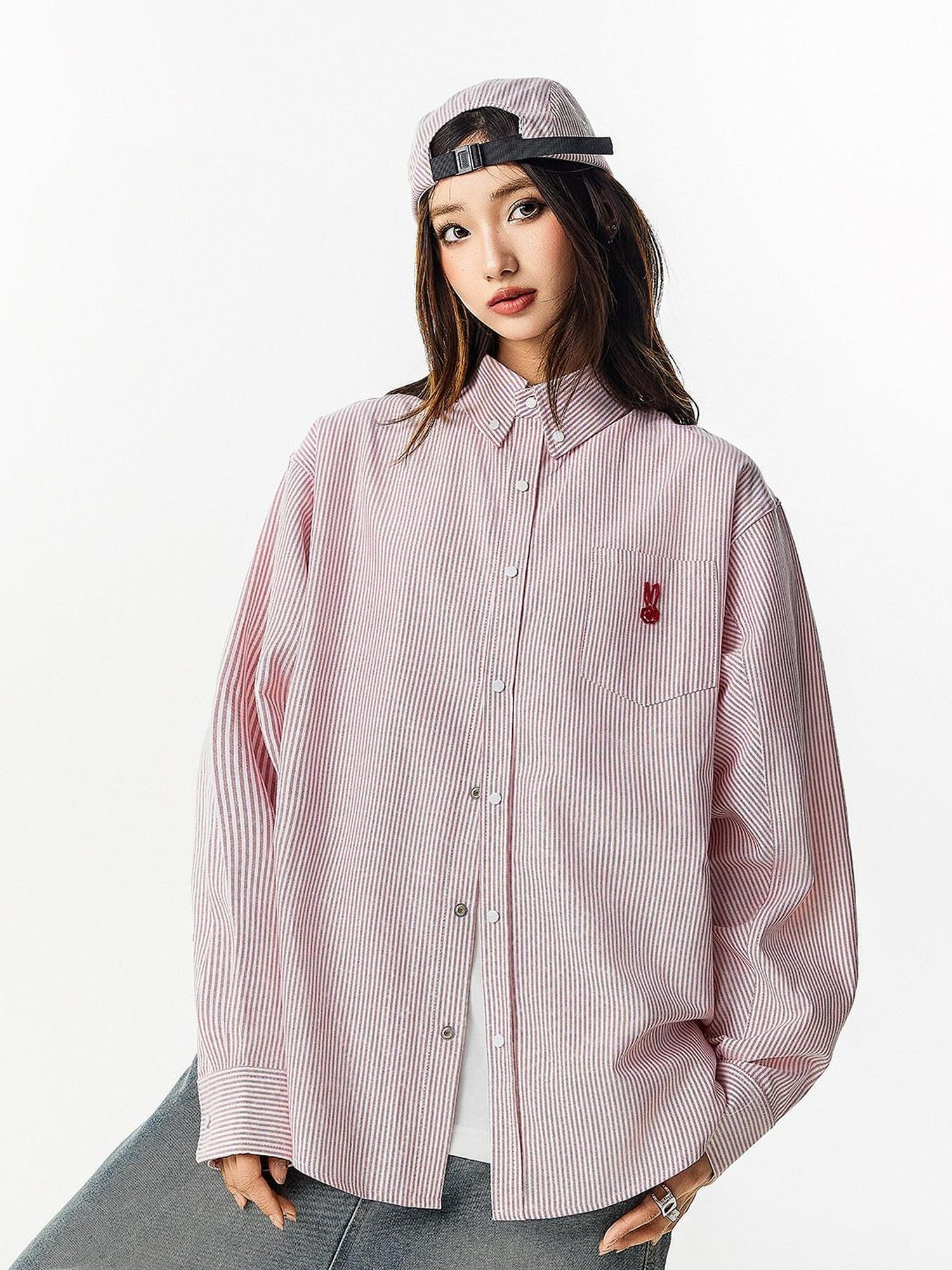 RickyisClown Pink Swirl Rabbit Embroidery Long Sleeve Chinese Street Men's Striped Shirts