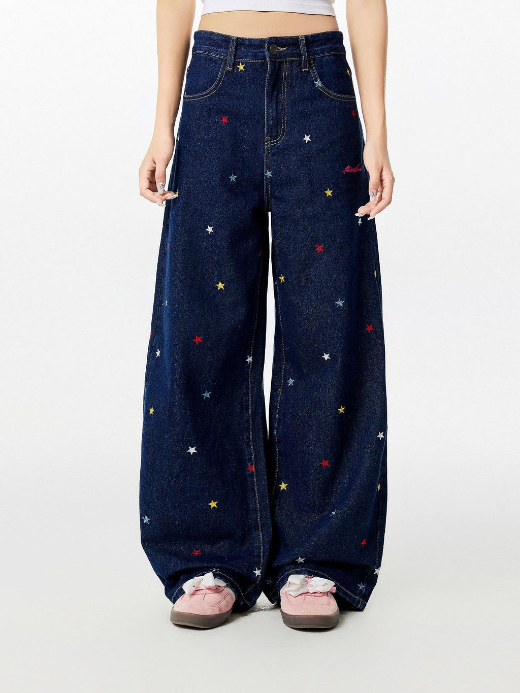 RickyisClown Washed Blue Star Embroidered Loose Men's Denim Straight Jeans
