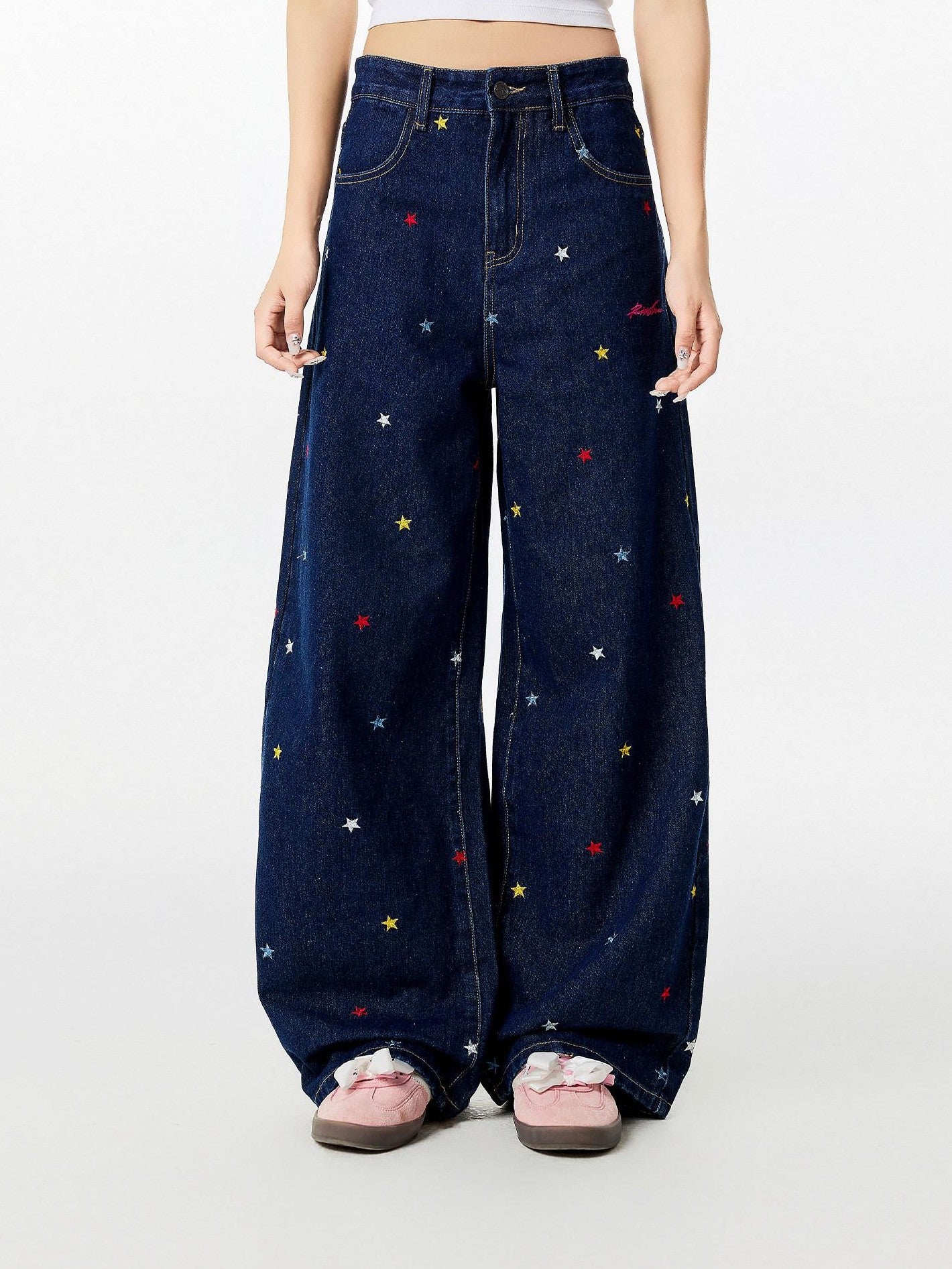 RickyisClown Washed Blue Star Embroidered Loose Men's Denim Straight Jeans