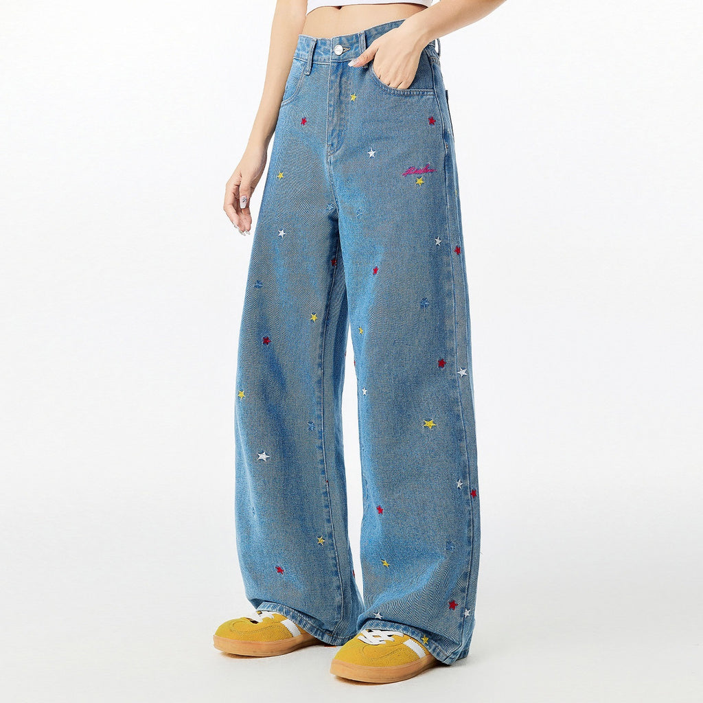 RickyisClown_Washed_Blue_Star_Embroidered_Loose_Men's_Denim_Straight_Jeans_MISSTT