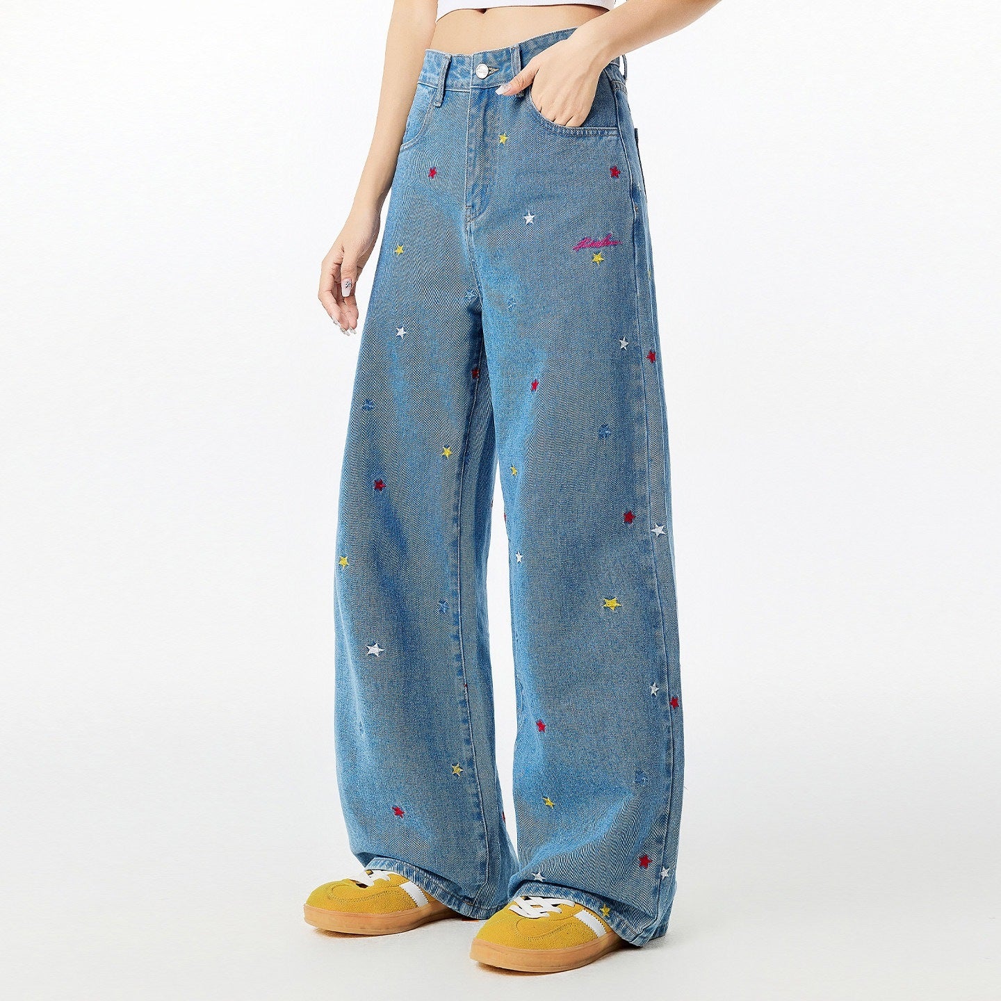 RickyisClown_Washed_Blue_Star_Embroidered_Loose_Men's_Denim_Straight_Jeans_MISSTT