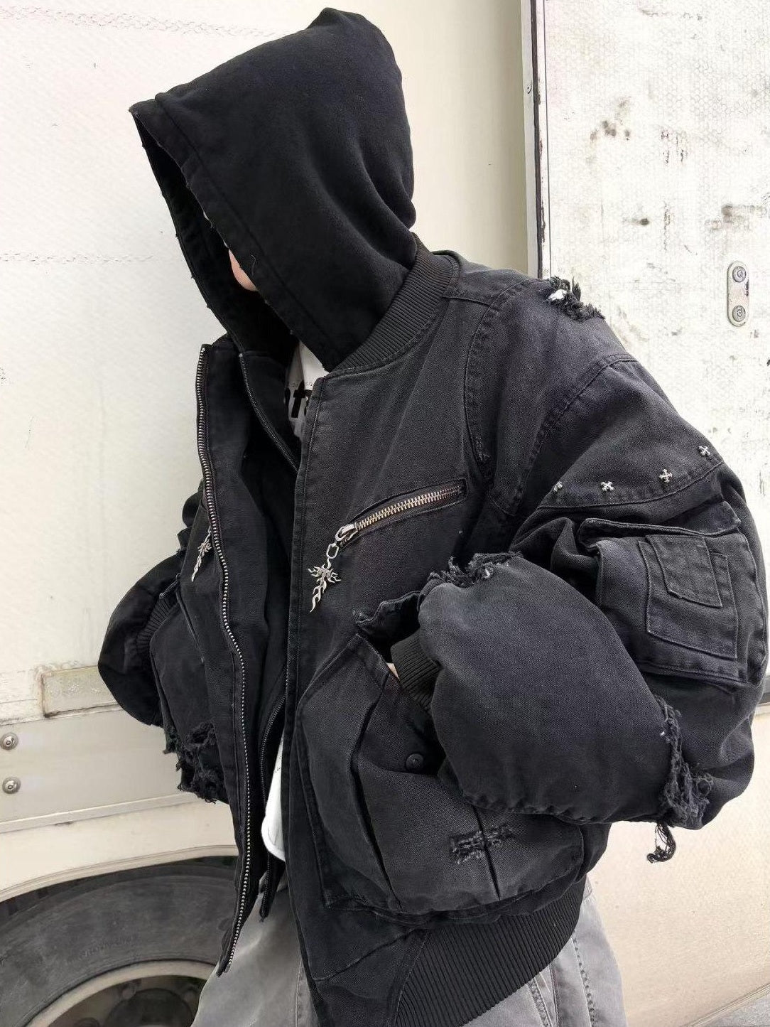 TH4SWE Warm Washed Hooded Oversized Short Cotton Ribbed Hem Unisex Black Puffer Jackets