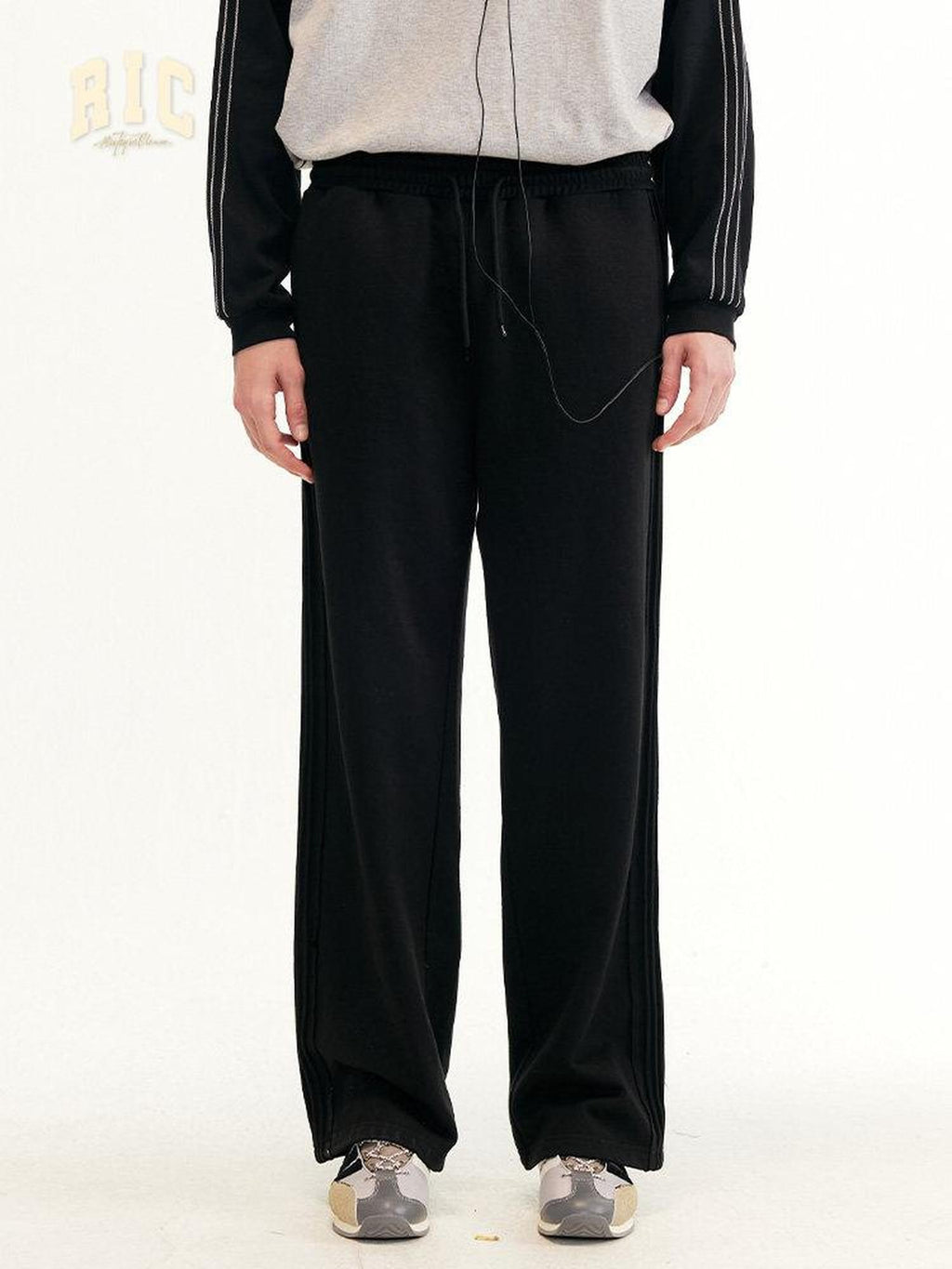 RickyisClown Black Striped Side Pleat Chinese Streetwear Men's Cotton Blend Sweatpants