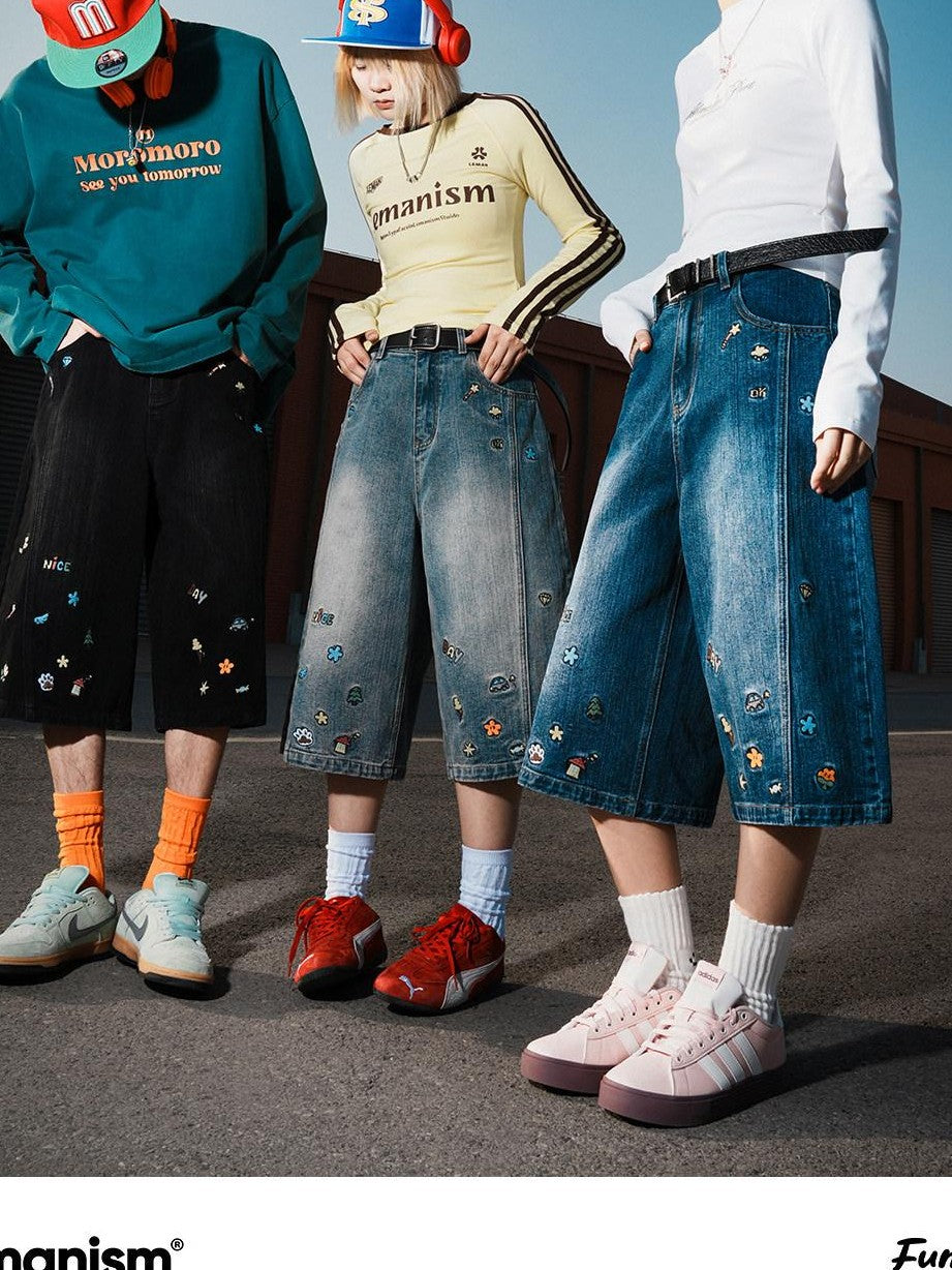 lemanism American Style Cartoon Print Cropped Casual Men's Denim Loose Jeans