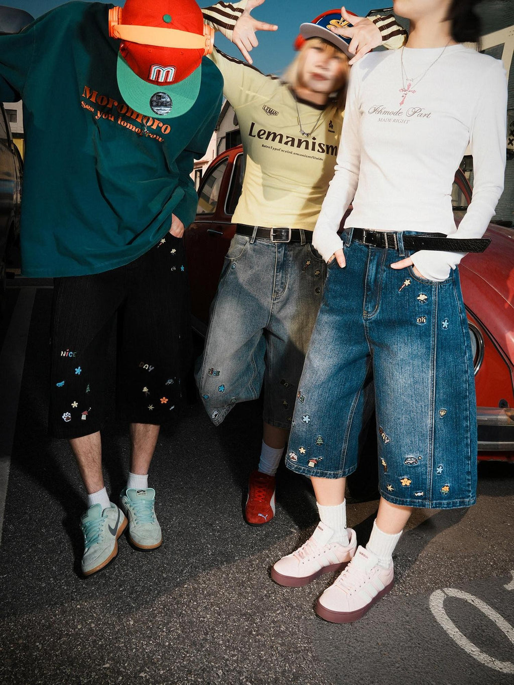 lemanism American Style Cartoon Print Cropped Casual Men's Denim Loose Jeans