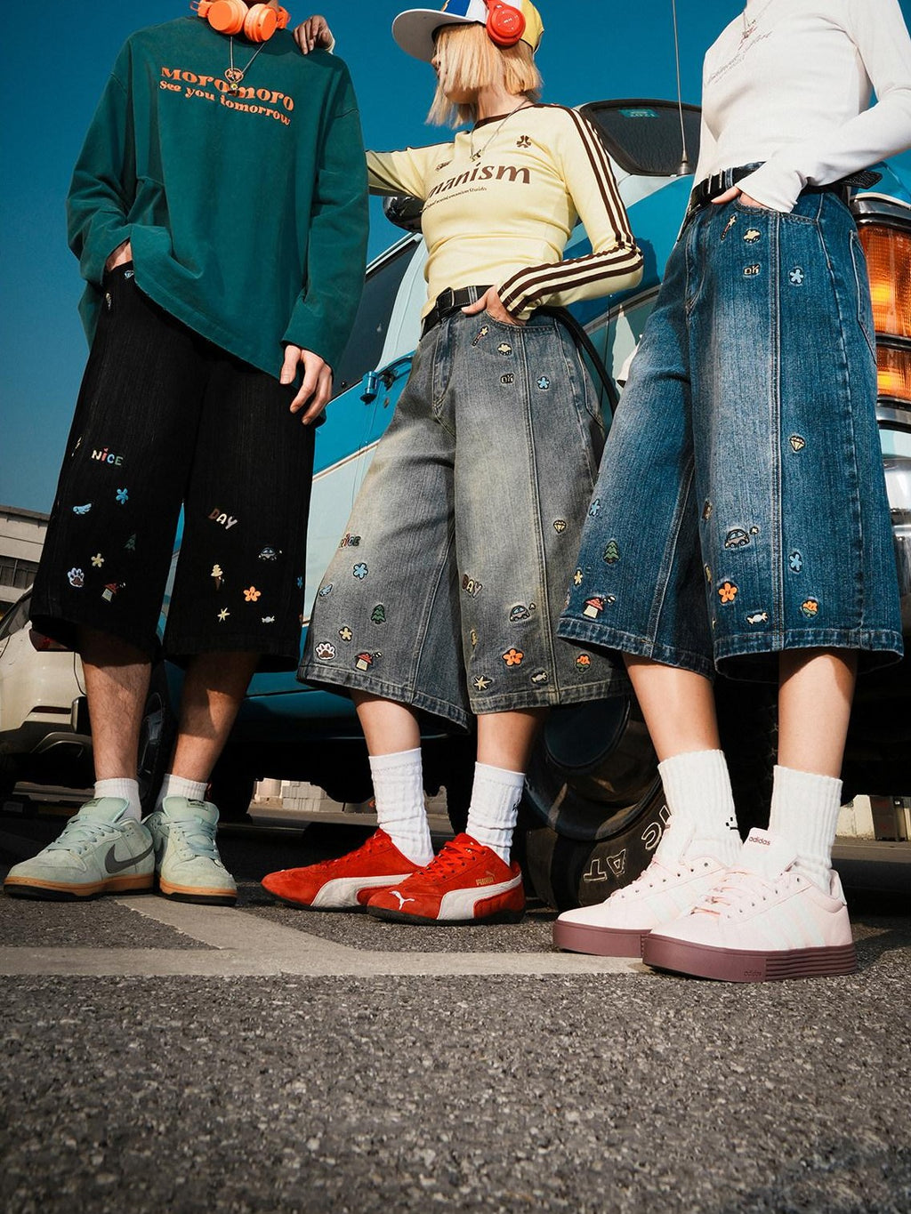 lemanism American Style Cartoon Print Cropped Casual Men's Denim Loose Jeans