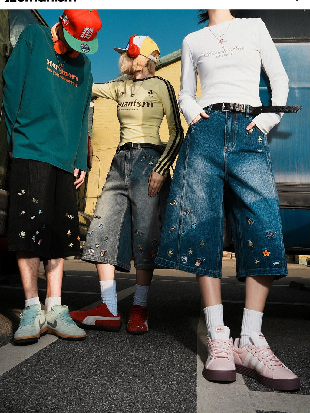 lemanism American Style Cartoon Print Cropped Casual Men's Denim Loose Jeans