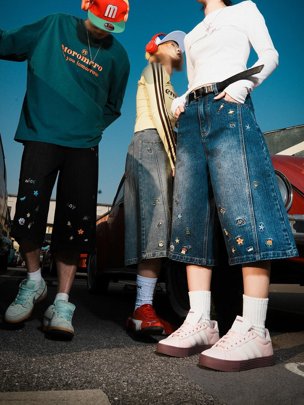 lemanism American Style Cartoon Print Cropped Casual Men's Denim Loose Jeans