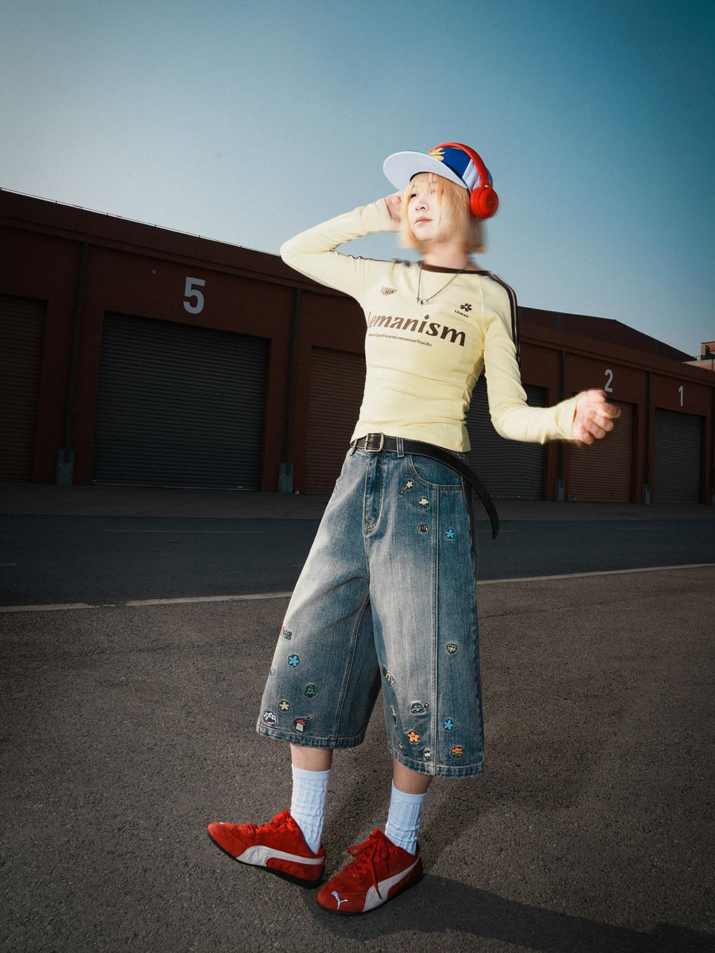 lemanism American Style Cartoon Print Cropped Casual Men's Denim Loose Jeans