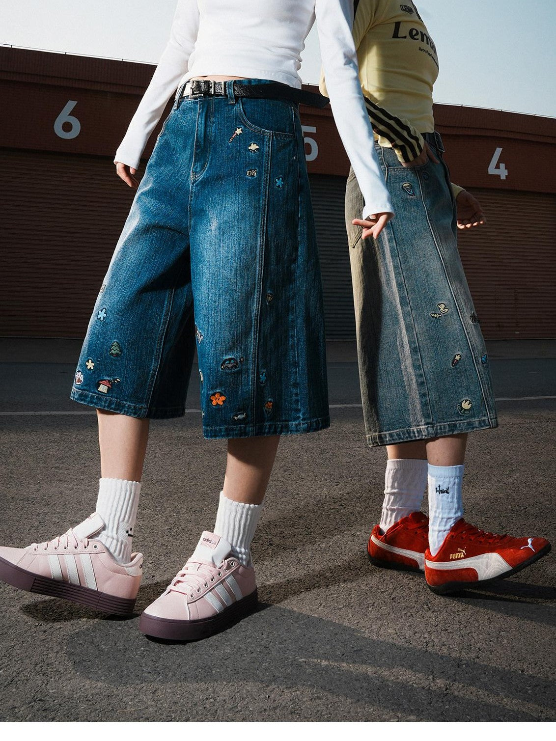 lemanism American Style Cartoon Print Cropped Casual Men's Denim Loose Jeans