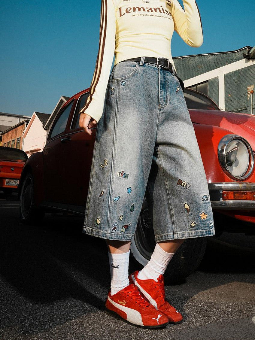 lemanism American Style Cartoon Print Cropped Casual Men's Denim Loose Jeans