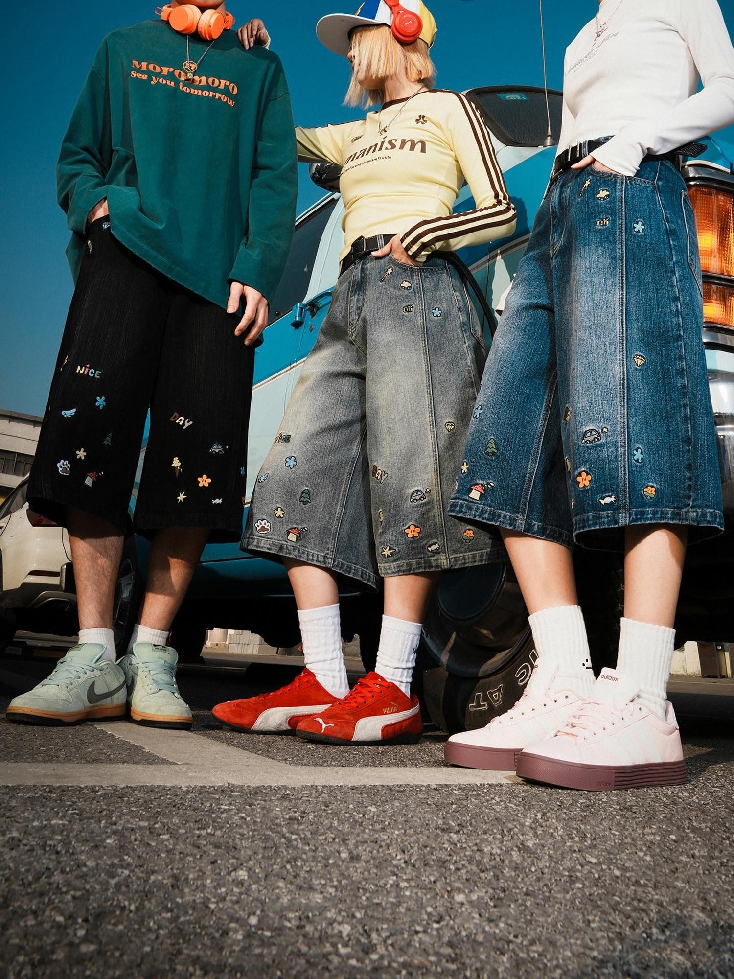lemanism American Style Cartoon Print Cropped Casual Men's Denim Loose Jeans