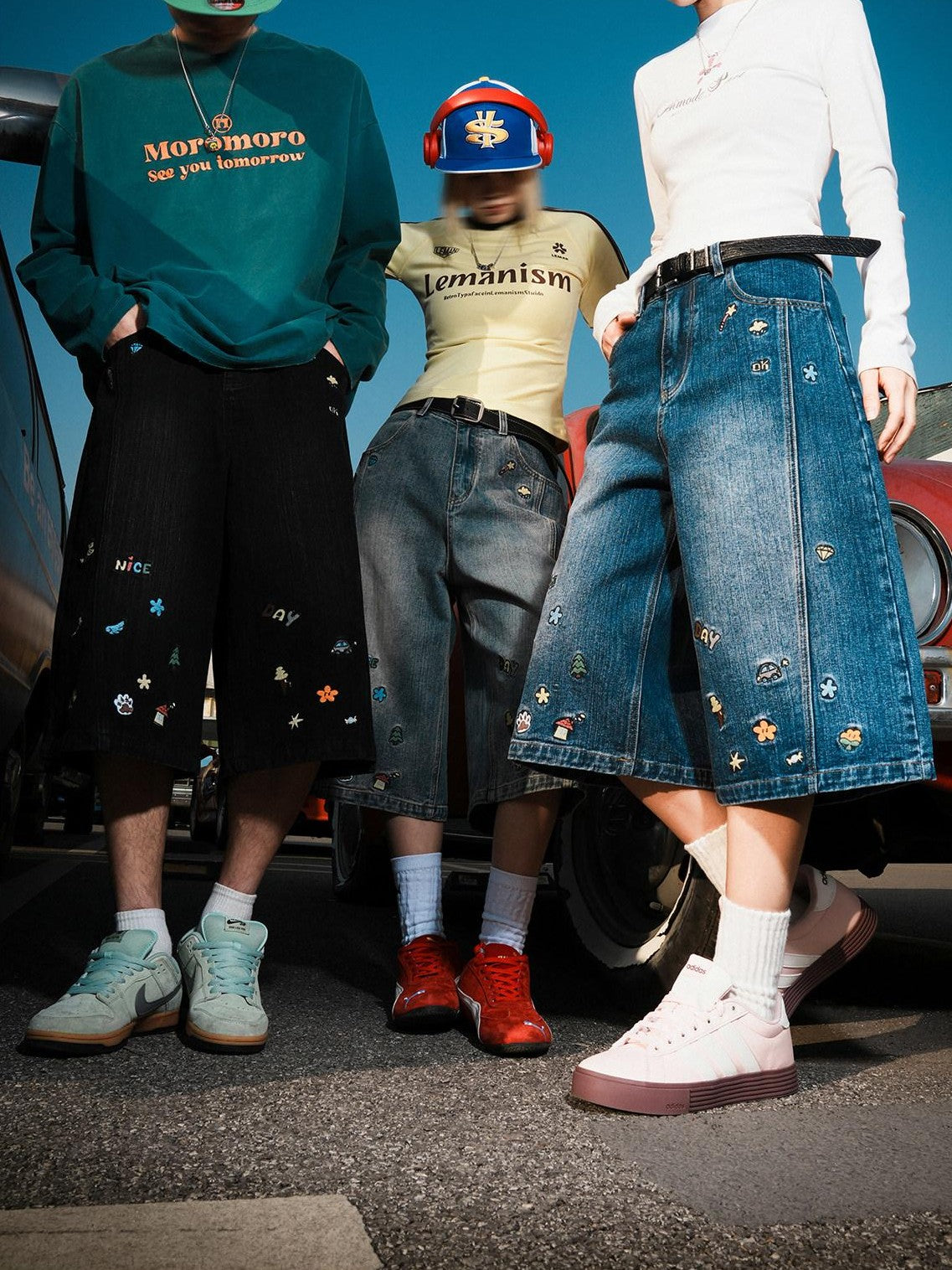 lemanism American Style Cartoon Print Cropped Casual Men's Denim Loose Jeans