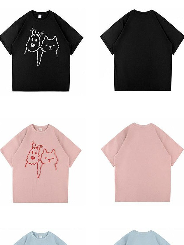 Cartoon Animal Print Drop Shoulder Men's Cotton Heavy Short Sleeve T-shirts