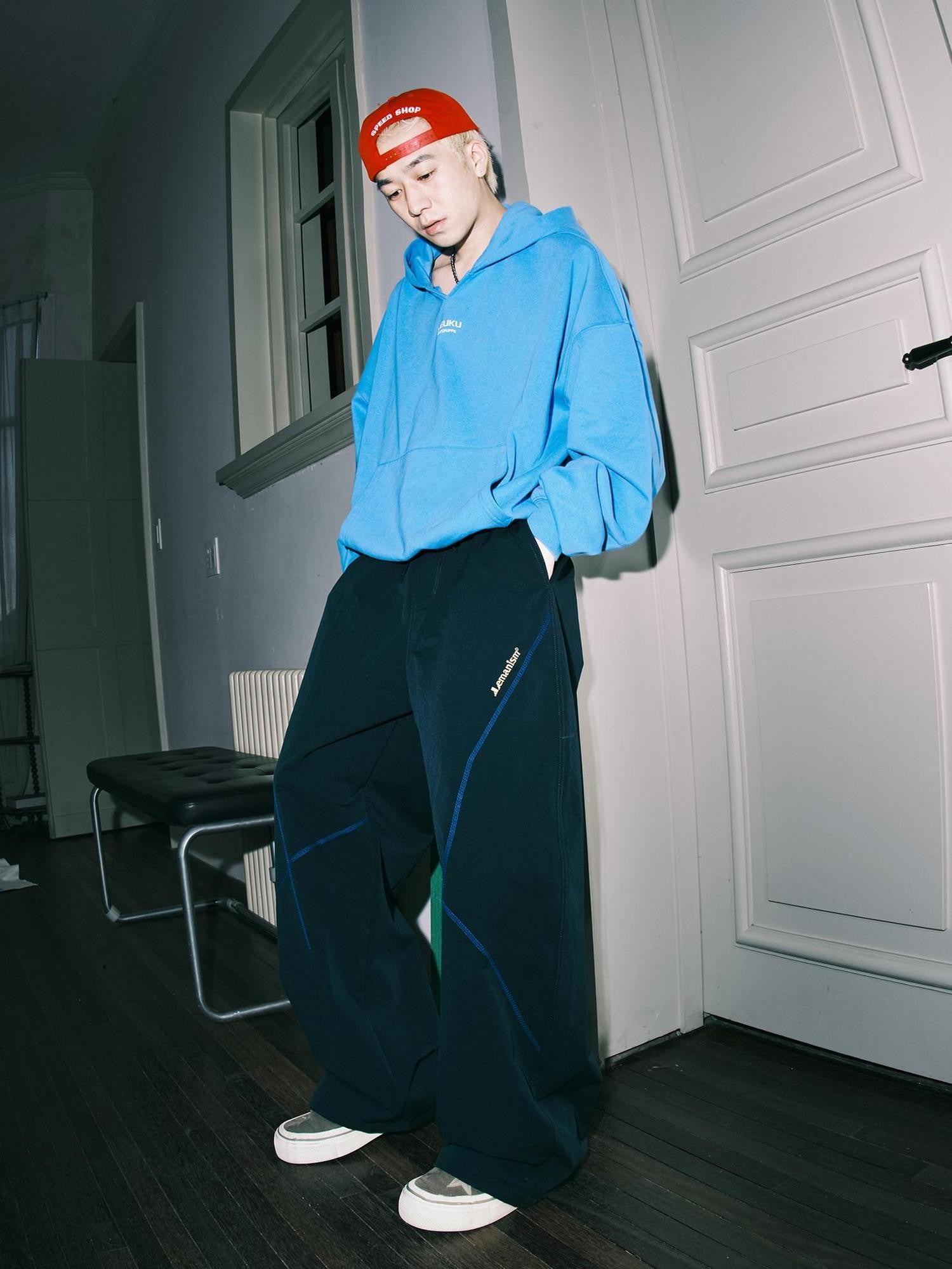 lemanism Colorblock Contrast Stitched Lettering Men's Polyester Straight-leg Pants