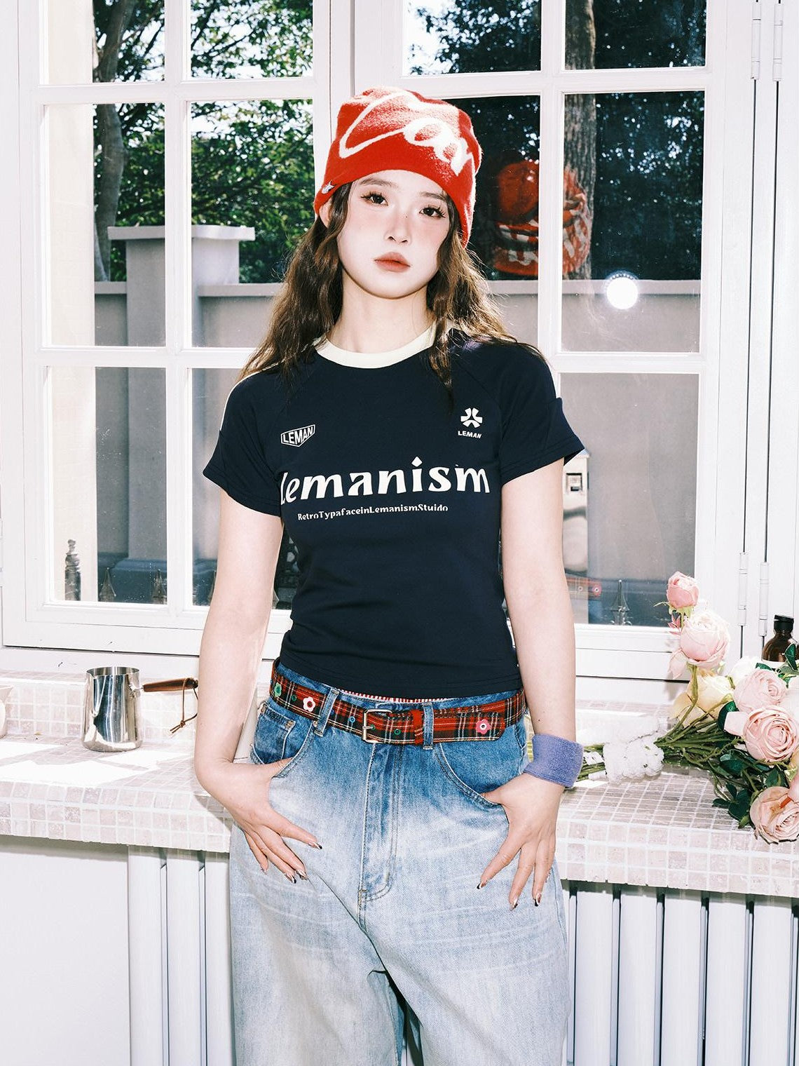 lemanism Cropped Three Stripe Letter Print Men's Cotton Slim Short Sleeve T-shirts