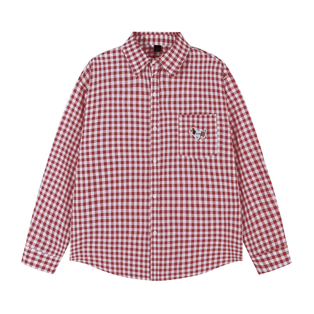 lemanism_Dachshund_Embroidered_Plaid_Loose_Men's_Cotton_Polyester_Blend_Flannel_Shirts_MISSTT