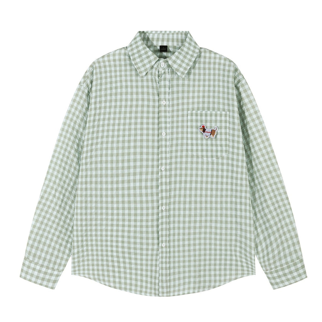 lemanism_Dachshund_Embroidered_Plaid_Loose_Men's_Cotton_Polyester_Blend_Flannel_Shirts_MISSTT