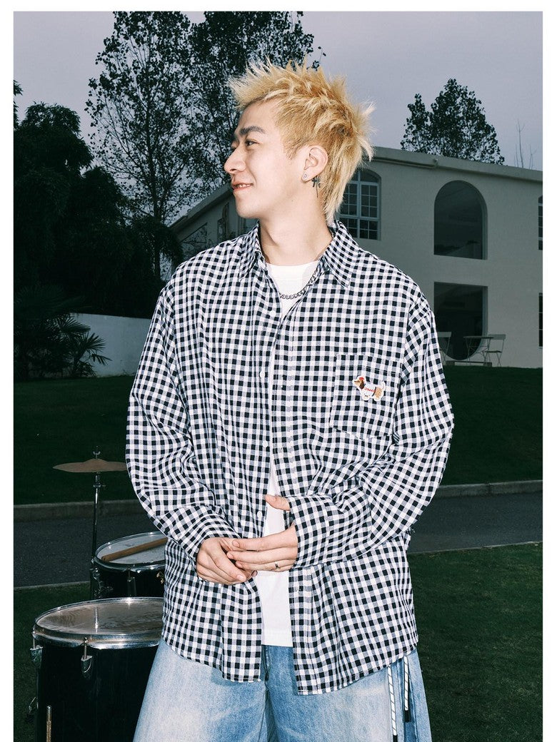 lemanism Dachshund Embroidered Plaid Loose Men's Cotton Polyester Blend Flannel Shirts