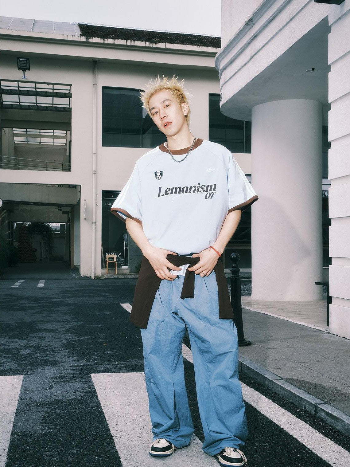 lemanism Double Stripe Letter Print Relaxed Fit Men's Cotton Blend Short Sleeve T-shirts