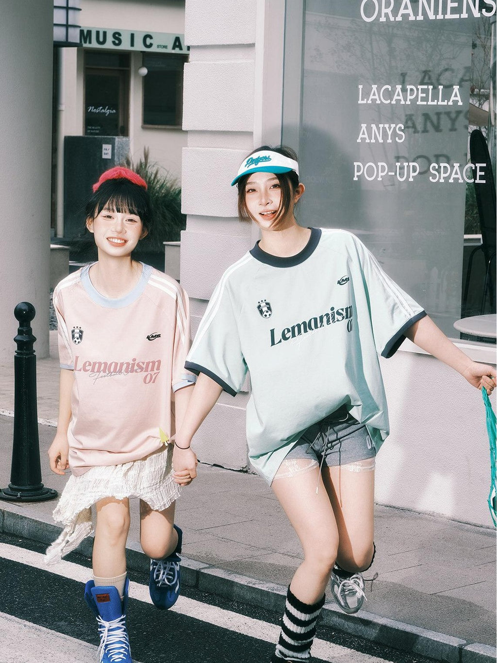 lemanism Double Stripe Letter Print Relaxed Fit Men's Cotton Blend Short Sleeve T-shirts