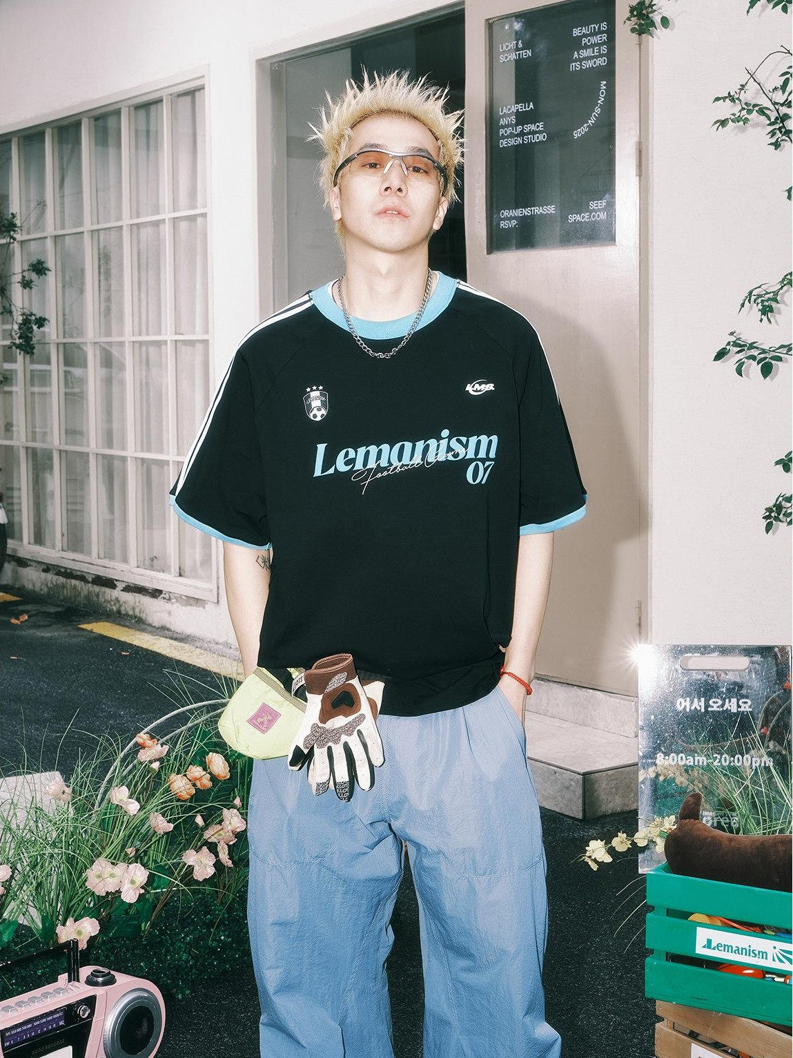 lemanism Double Stripe Letter Print Relaxed Fit Men's Cotton Blend Short Sleeve T-shirts