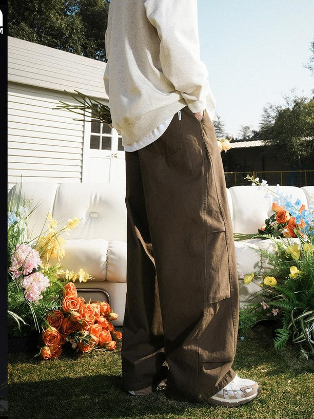 lemanism Khaki Utility Cargo Zipper Fly Mid Rise Relaxed Men's Cotton Straight-leg Pants