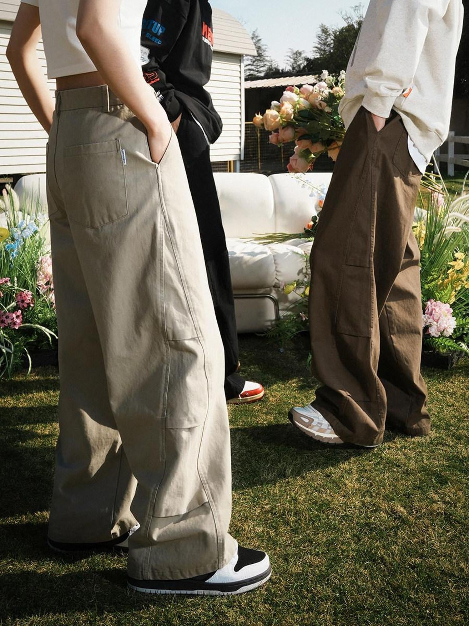lemanism Khaki Utility Cargo Zipper Fly Mid Rise Relaxed Men's Cotton Straight-leg Pants