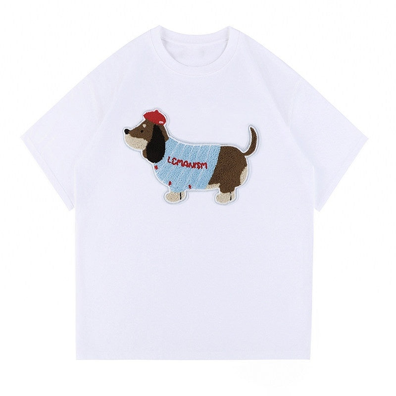 lemanism_Loose_Fit_Dachshund_Terry_Embroidery_Men's_Cotton_Short_Sleeve_T-shirts_MISSTT