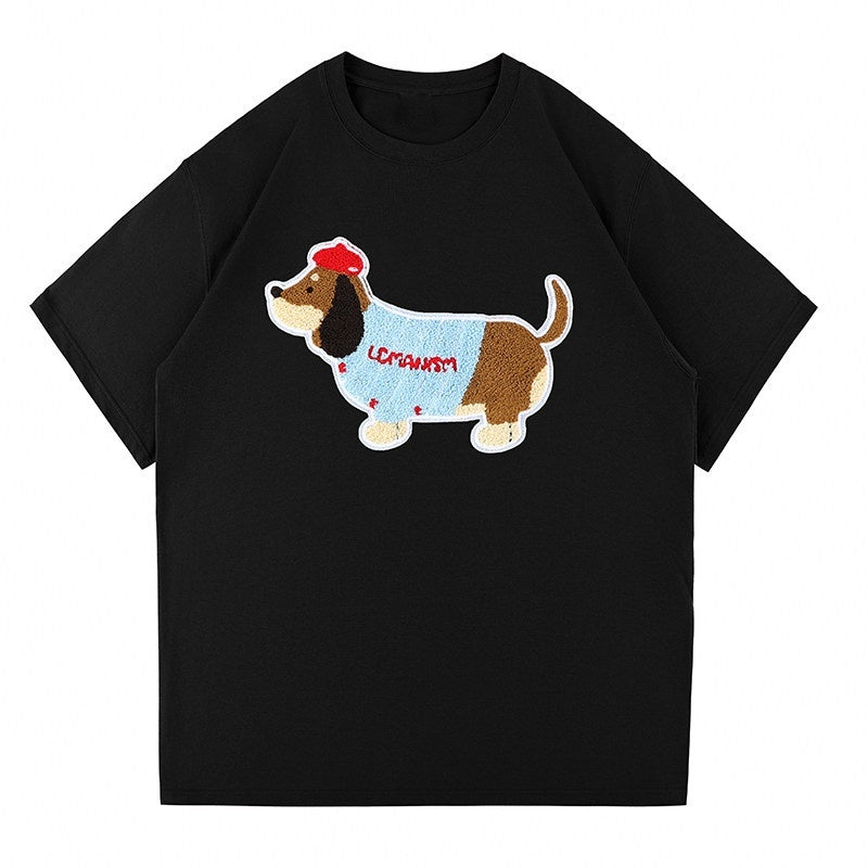 lemanism_Loose_Fit_Dachshund_Terry_Embroidery_Men's_Cotton_Short_Sleeve_T-shirts_MISSTT