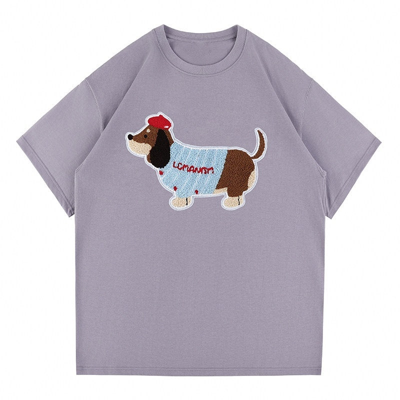 lemanism_Loose_Fit_Dachshund_Terry_Embroidery_Men's_Cotton_Short_Sleeve_T-shirts_MISSTT