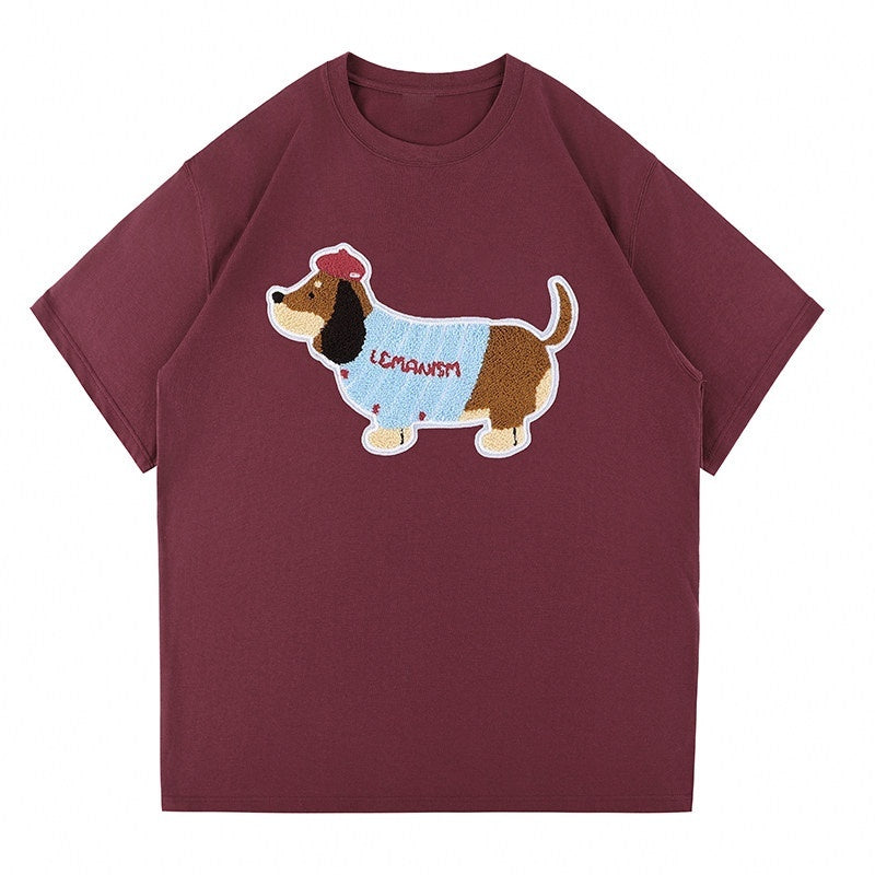 lemanism_Loose_Fit_Dachshund_Terry_Embroidery_Men's_Cotton_Short_Sleeve_T-shirts_MISSTT