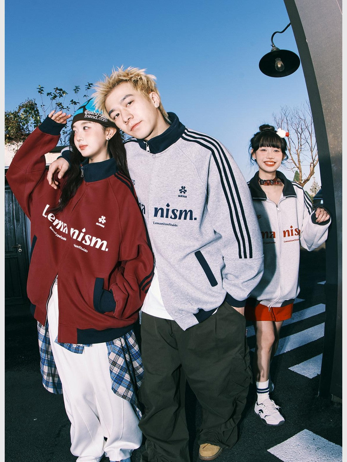 lemanism Red Baseball Varsity Stand Collar American Sport Couple Men's Zip-up Hoodies