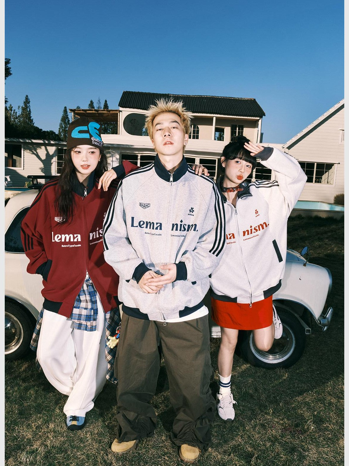 lemanism Red Baseball Varsity Stand Collar American Sport Couple Men's Zip-up Hoodies