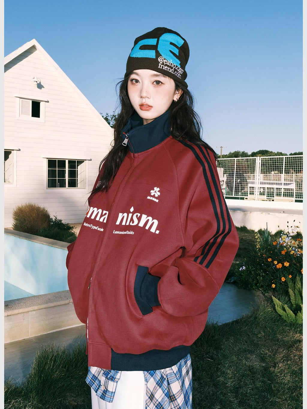 lemanism Red Baseball Varsity Stand Collar American Sport Couple Men's Zip-up Hoodies