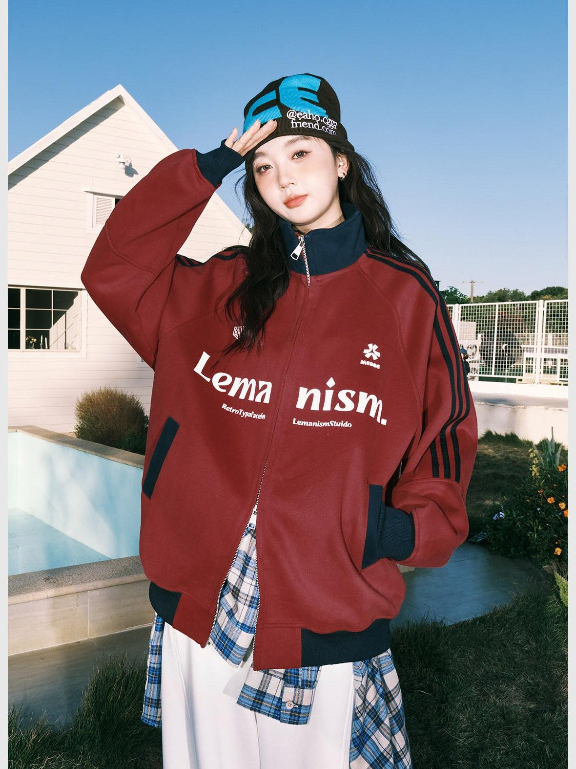 lemanism Red Baseball Varsity Stand Collar American Sport Couple Men's Zip-up Hoodies