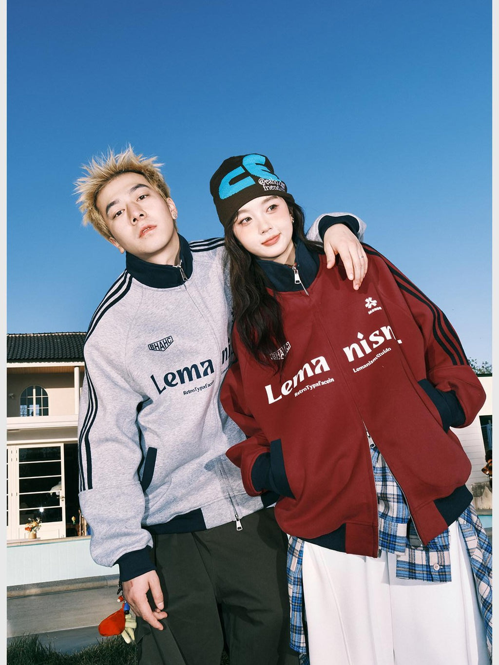 lemanism Red Baseball Varsity Stand Collar American Sport Couple Men's Zip-up Hoodies