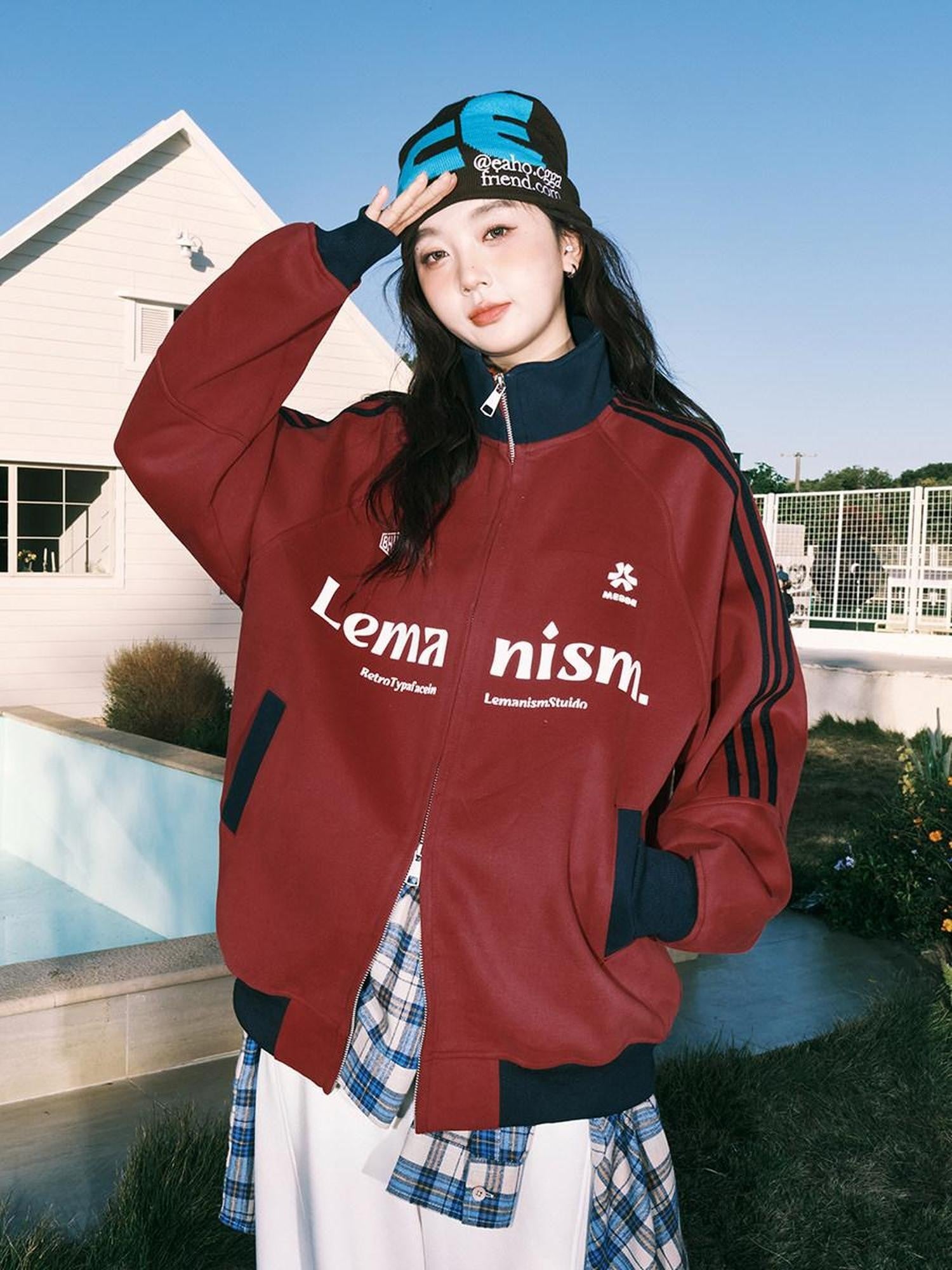 lemanism Red Baseball Varsity Stand Collar American Sport Couple Men's Zip-up Hoodies