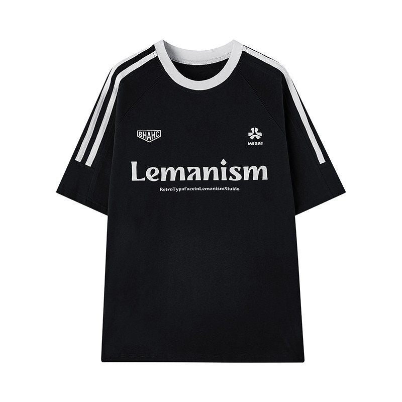 lemanism_Three_Stripe_Logo_Print_Raglan_Crewneck_Men's_Cotton_Short_Sleeve_T-shirts_MISSTT