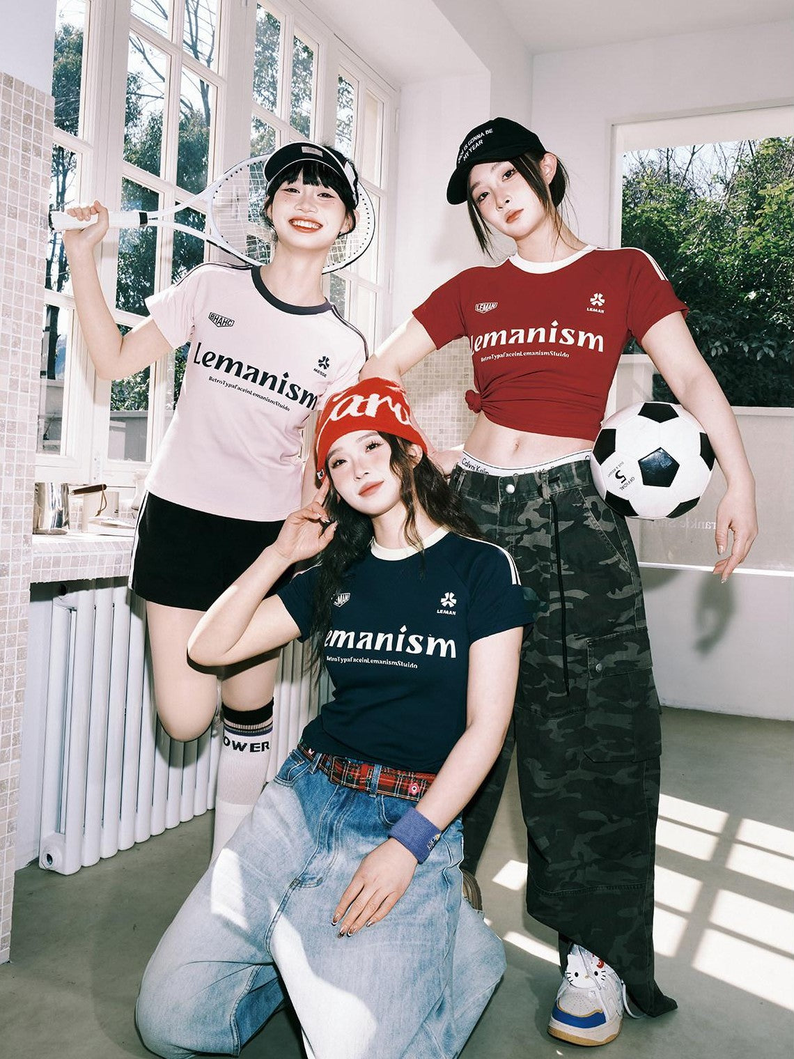 lemanism Three Stripe Logo Print Raglan Crewneck Men's Cotton Short Sleeve T-shirts