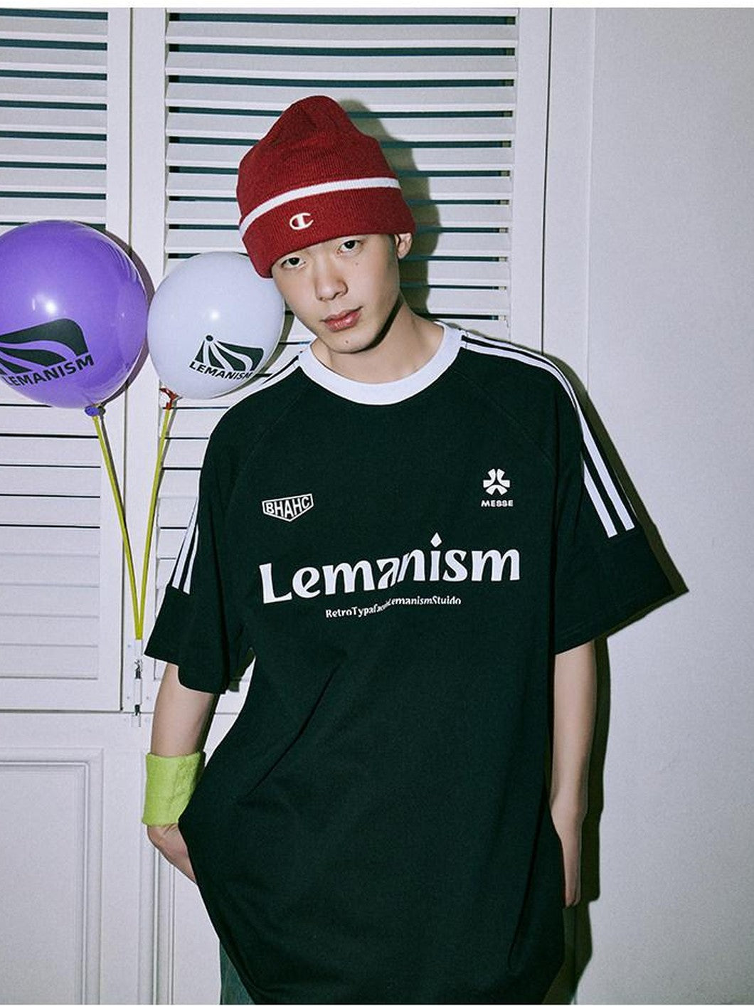lemanism Three Stripe Logo Print Raglan Crewneck Men's Cotton Short Sleeve T-shirts