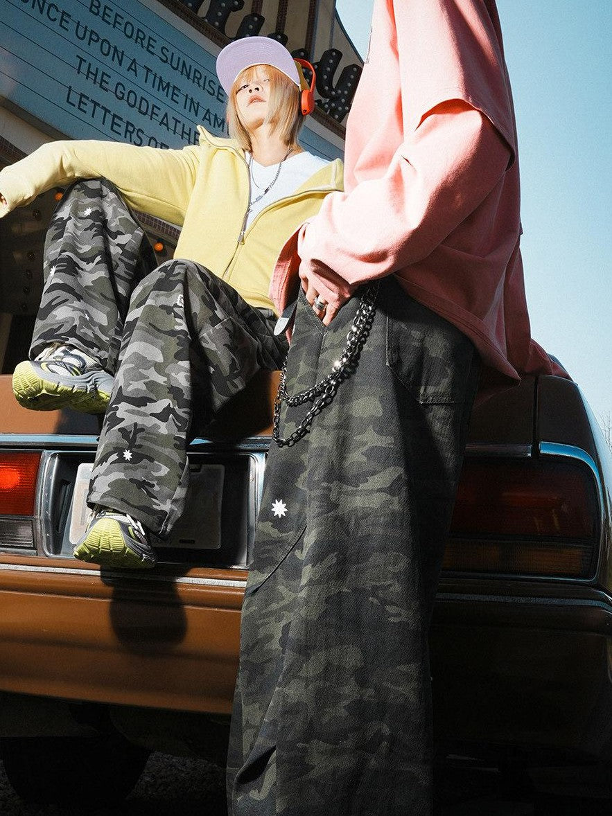 lemanism Vintage Camo Retro Loose Straight Leg Men's Cotton Blend Cargo Pants