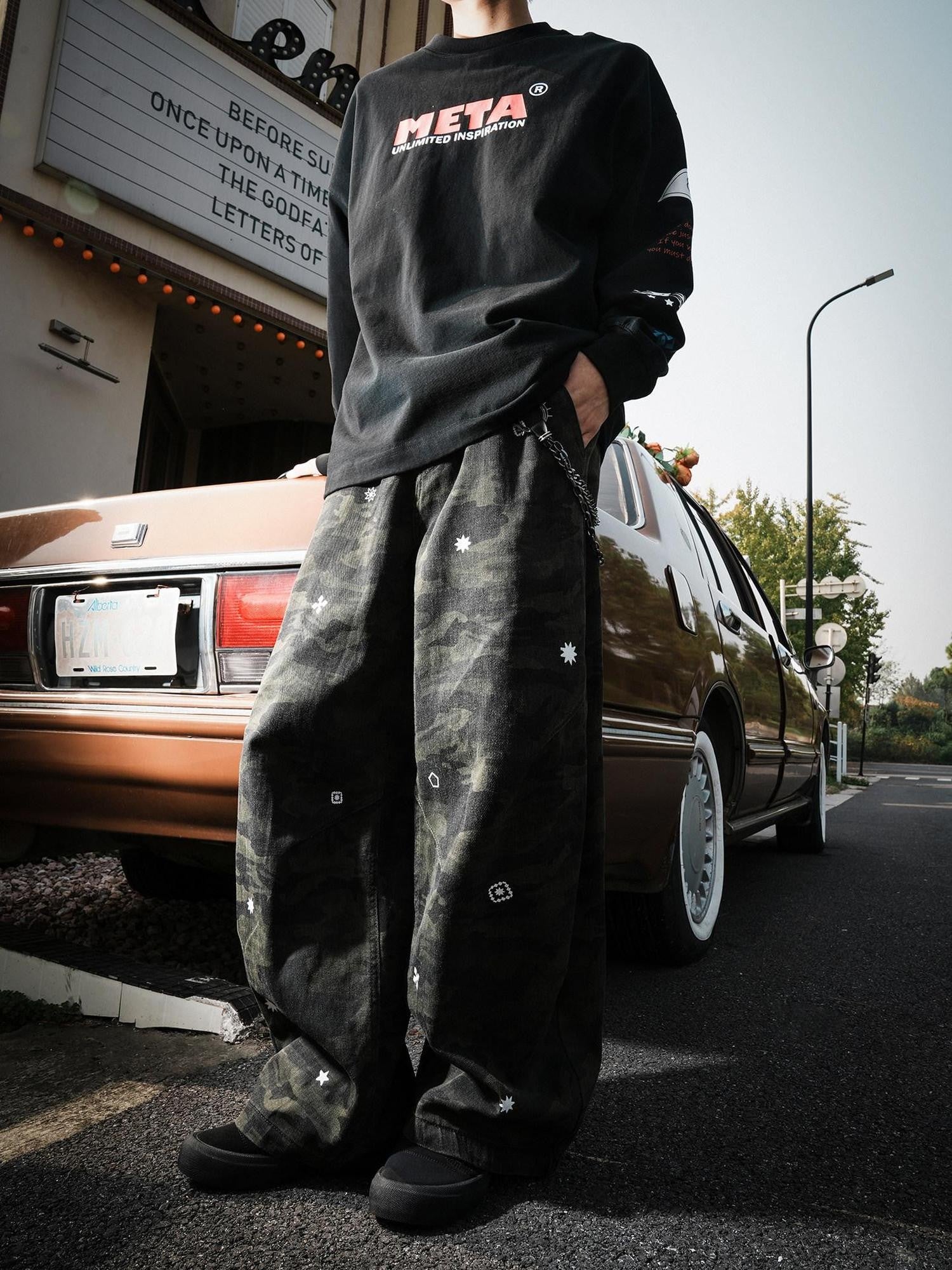 lemanism Vintage Camo Retro Loose Straight Leg Men's Cotton Blend Cargo Pants