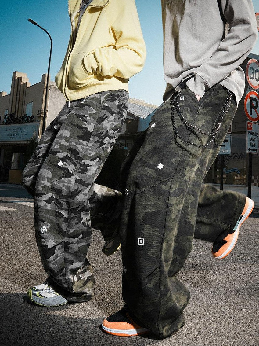 lemanism Vintage Camo Retro Loose Straight Leg Men's Cotton Blend Cargo Pants