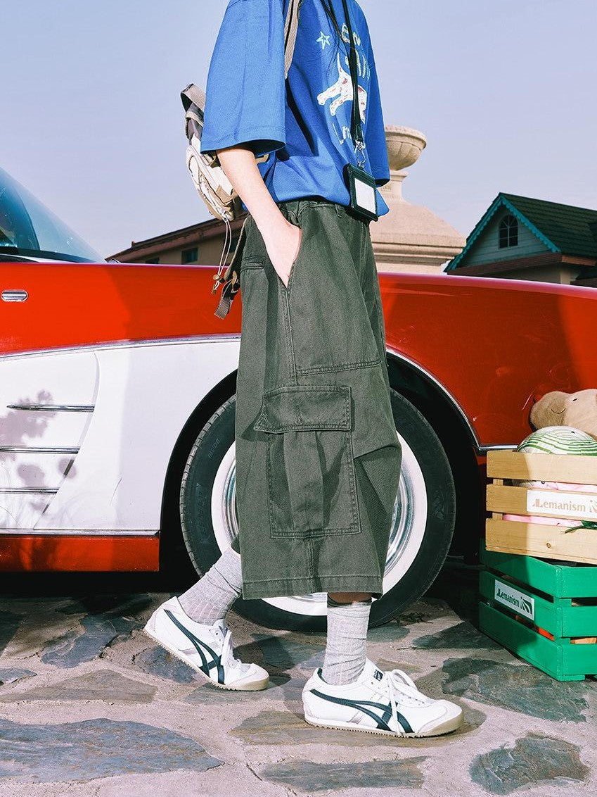 lemanism Washed Solid Workwear Relaxed Straight Mid Rise Men's Cotton Cargo Shorts