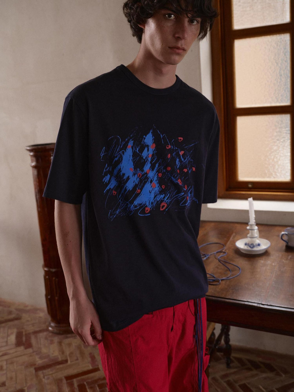 soknot Abstract Snow Mountain Print Loose Fit Men's Cotton Short Sleeve T-shirts