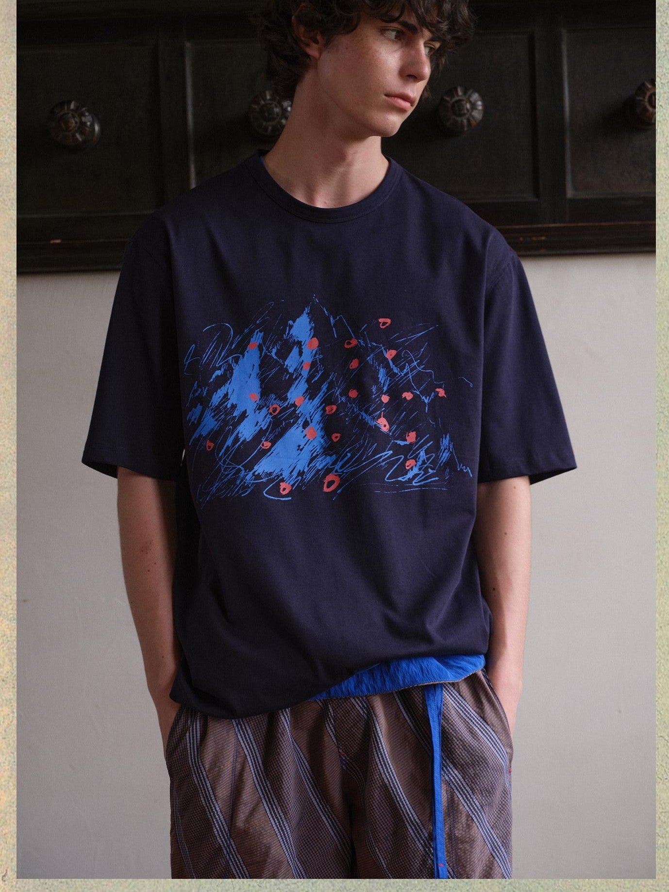 soknot Abstract Snow Mountain Print Loose Fit Men's Cotton Short Sleeve T-shirts